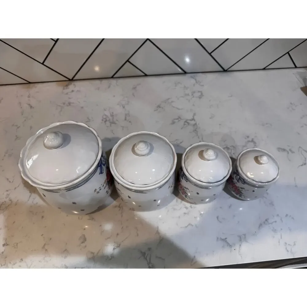 four ceramic kitchen canisters floral bouquet blue ribbon bow 90s cotton prairie